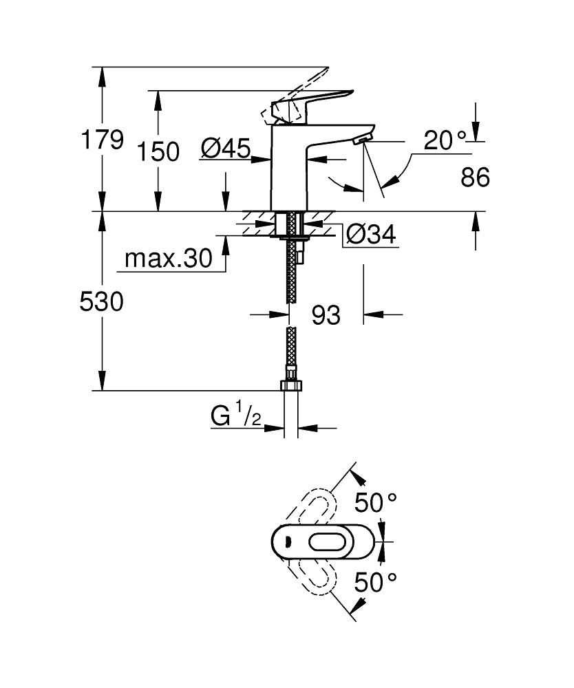 BAULOOP 1-HANDLE BASIN MIXER WITHOUT POP-UP - GROHE-G2 -  ( CHROME - G2 - BAUCOSMOPOLITAN - 0x15 mm - 0inchX0.6inch )