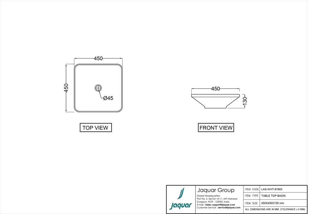 TABLE TOP BASIN - JAQUAR SWARE - ( WHITE - LAGUNA - 450x450 mm - 18inchX18inch )