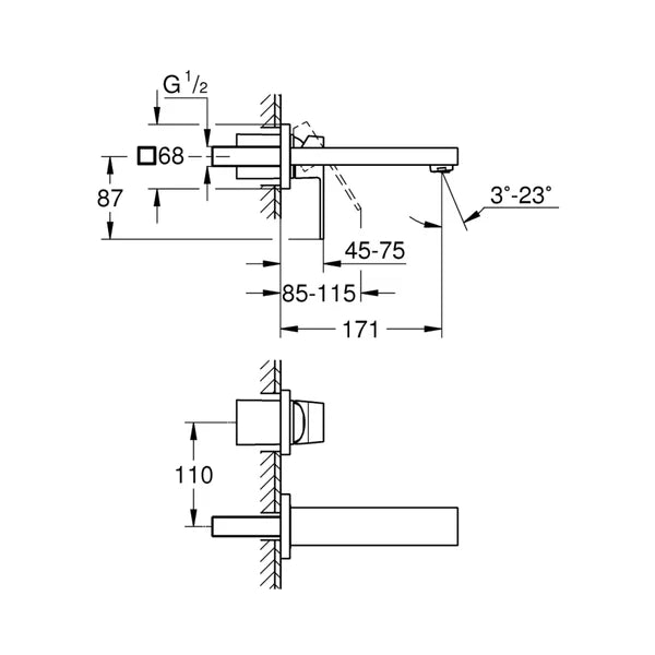 EUROCUBE OHM TRIMSET BASIN 2-H M CN - GROHE -  ( BRUSHED HARD GRAPHITE - G5 - EUROCUBE - 0x15 mm - 0inchX0.6inch )