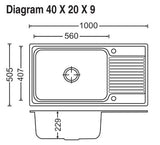 1.0 BOWL WITH DRAINBOARD(DEPTH 9INCH) THK 1MM - CARYSIL -  ( MATT - VOGUE - 1000x505 mm - 40inchX20inch )