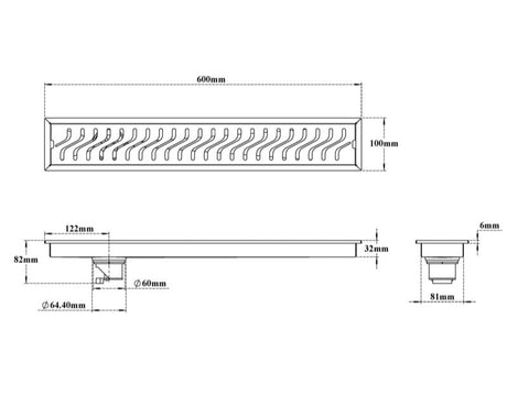 SHOWER CHANNEL DRAINER CURVES FOUL SIDE HOLE - VIKING -  ( SS 304 -  - 600x100 mm - 24inchX4inch )