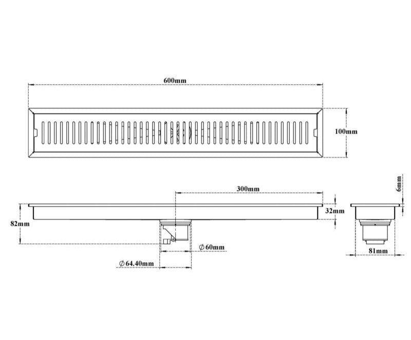 SHOWER CHANNEL DRAINER CENTRE HOLE - VIKING -  (  - SS 304 - 600x100 mm - 24inchX4inch )