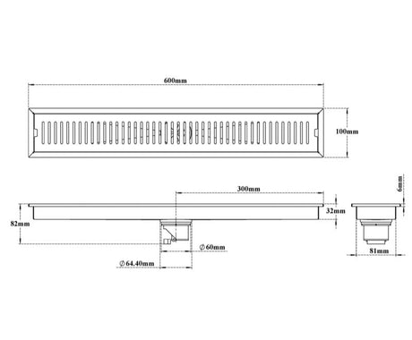 SHOWER CHANNEL DRAINER CENTRE HOLE - VIKING -  (  - SS 304 - 600x100 mm - 24inchX4inch )