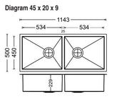 2 BOWL W/O DRAIN BOARD (DEPTH 9INCH) THK 1MM - CARYSIL -  ( MATT - QUADRO - 1143x500 mm - 45inchX20inch )