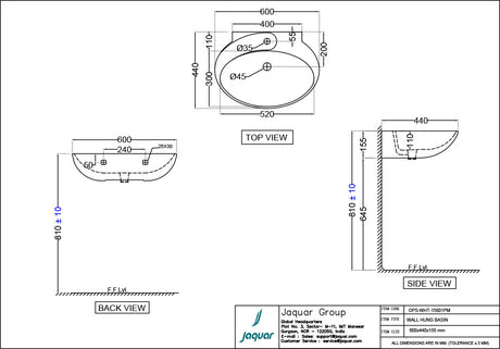 WALL HUNG WASH BASIN W/FIXING ACCESSORIES - JAQUAR SWARE - ( WHITE - OPAL - 600x450 mm - 24inchX18inch )