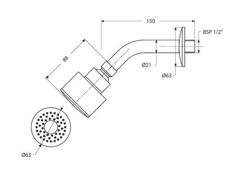 SF OVERHEAD SHWR 63MM ROUND W/150MM SHWR ARM(BRASS) & WALL FLANGE - HINDWARE FAUCETS -  ( POLISHED CHROME - SHOWER - 0x0 mm - 0inchx0inch )