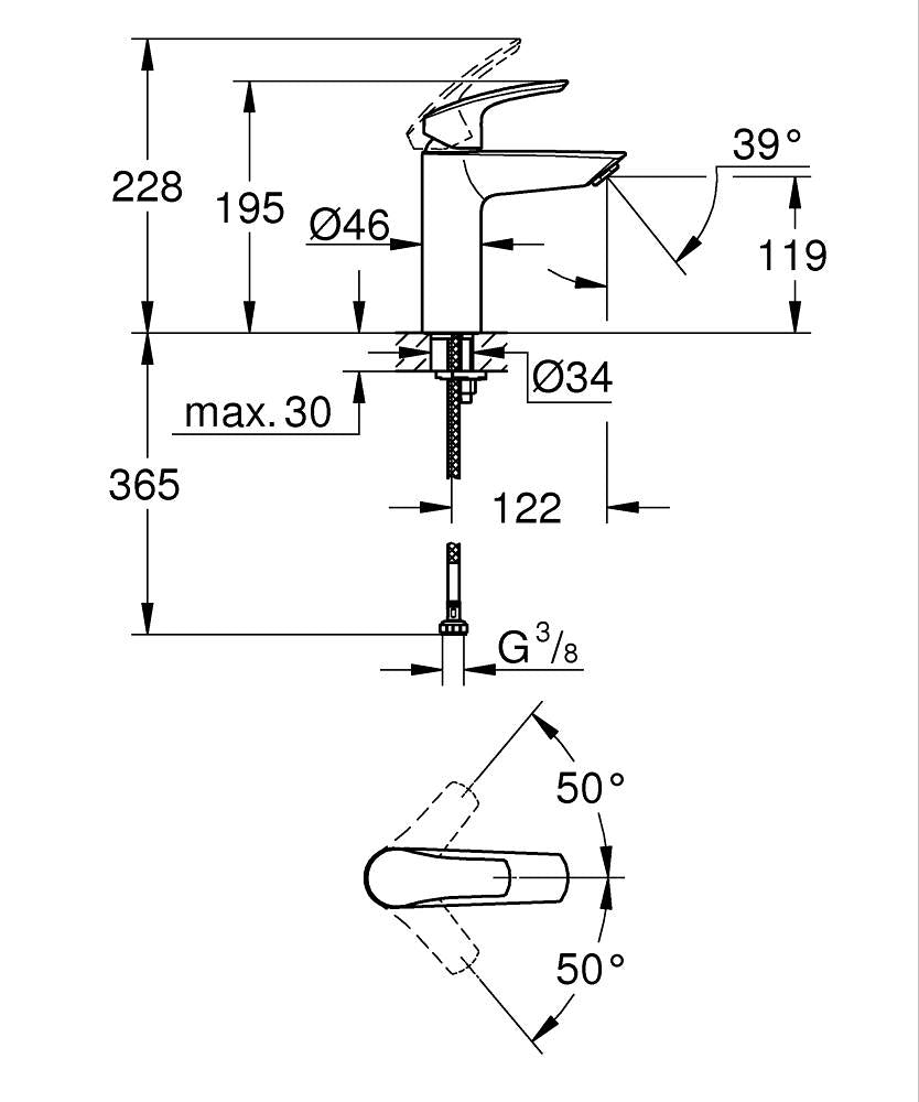 EUROSMART SINGLE - LEAVER BASIN MIXER M-SIZE SMOOTH BODY - GROHE -  ( MATTE BLACK - G3 - EUROSMART 2021 - 0x15 mm - 0inchX0.5inch )