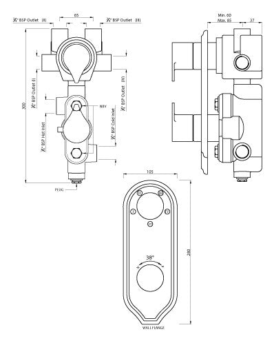 CONC.THERMO SET 2IN 4OUT+1FREE W/SHUTOFF - ARTIZE FAUCET -  ( CHROME - TIARA - 0x20 mm - 0inchX0.75inch )
