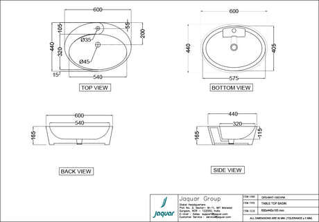 TABLE TOP BASIN - JAQUAR SWARE - ( WHITE - OPAL - 600x440 mm - 24inchX17.6inch )