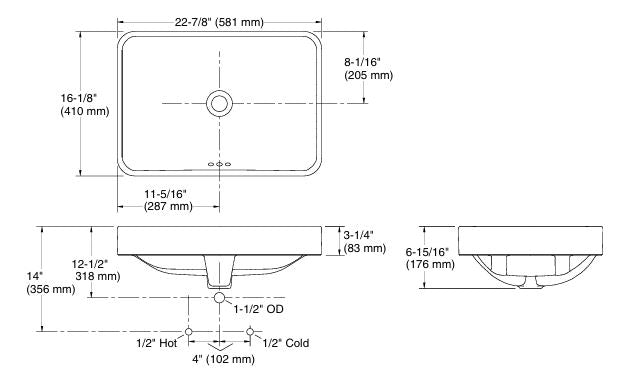FOREFONT-TABLE TOP BASIN W/O FAUCET HOLE - KOHLER LUXURY -  ( THUNDER GREY - LUXURY - 575x410 mm - 23inchX16inch )
