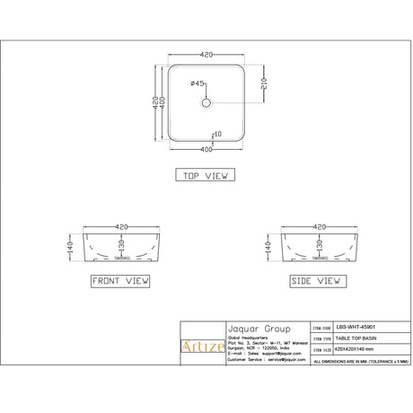 THIN RIM TABLE TOP BASIN - ARTIZE SWARE -  ( WHITE - LE BLANC - 420x420 mm - 16.8inchX16.8inch )