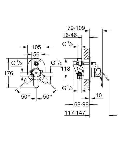 BAUEDGE 1-HANDLE BATH/SHOWER MIXER - GROHE-G2 -  ( CHROME - G2 - BAUCOSMOPOLITAN - 0x15 mm - 0inchX0.6inch )