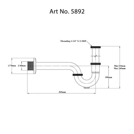 P-TRAP PIPE S.S (DIS 9  ) - VIKING -  ( CHR -  - 225x32 mm - 9inchX1.28inch )