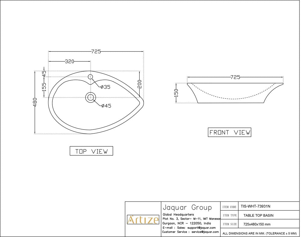 TABLE TOP BASIN - ARTIZE SWARE -  ( BLACK - TIAARA - 725x480 mm - 29inchX19.2inch )