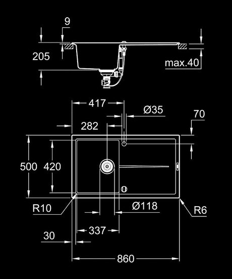 K400 SINK 50 -C 86/50 1.0 REV - GROHE-G2 -  ( GRANITE BLACK - K400 - 860x500 mm - 34.4inchX20inch )
