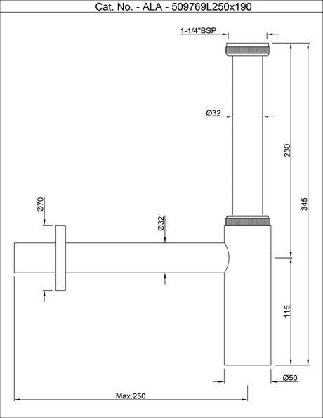 BOTTLE TRAP 32MM SIZE WITH 250MM & 190MM LONG PIPE & WALL FLANGE - ARTIZE FAUCET -  ( CHROME - ALLIED - 0x15 mm - 0inchX0.5inch )
