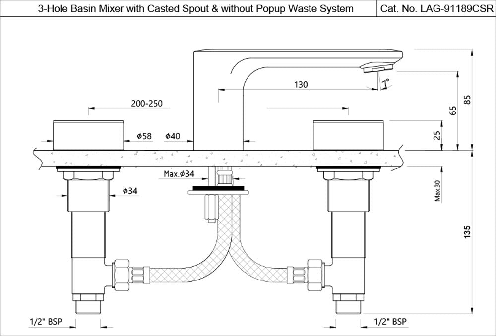 3-HOLE BASIN MIXER WITH CASTED SPOUT, ROUND - JAQUAR FAUCETS - ( CHROME - LAGUNA - 0x15 mm - 0inchX0.5inch )