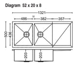 2 BOWL W/SMALL DRAINBOARD(DEPTH 8INCH) THK 1MM - CARYSIL -  ( MATT - QUADRO - 1321x500 mm - 52inchX20inch )