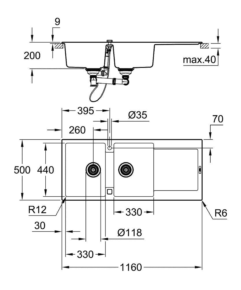 K500 SINK 80 -C 116/50 2.0 REV - GROHE-G2 -  ( GRANITE BLACK - K500 - 0x0 mm - 0inchX0inch )