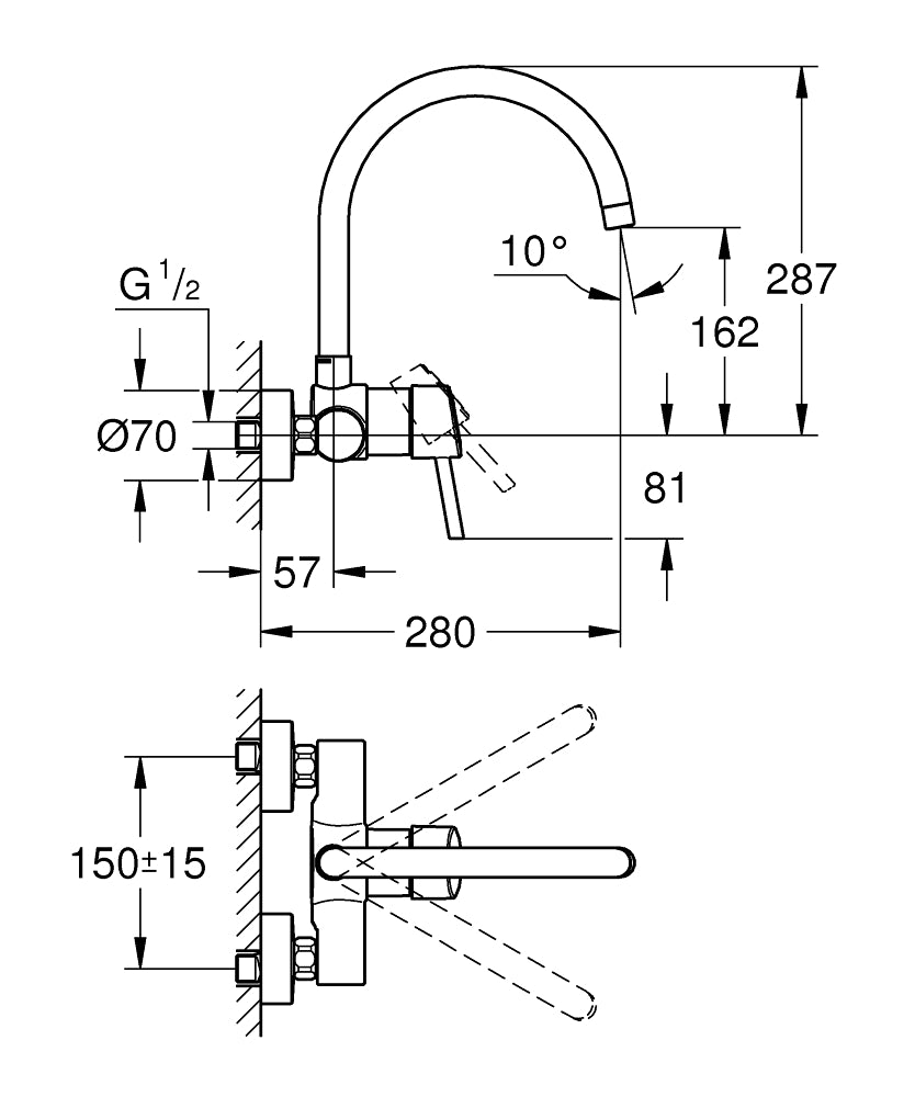 CONCETTO 1-HANDLE WALL-MOUNT KITCHEN MIXER, SWIVEL - GROHE -  ( CHROME - G3 - CONCETTO - 0x15 mm - 0inchX0.5inch )