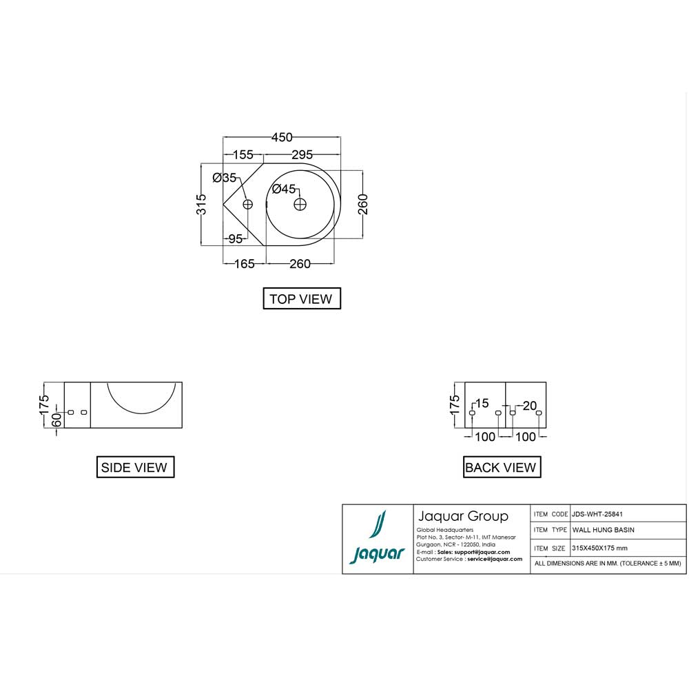 WALL HUNG CORNER BASIN - JAQUAR SWARE - ( WHITE - JDR - 315x435 mm - 12.5inchX17inch )