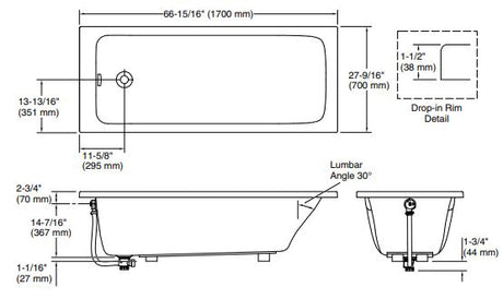 REACH ACRYLIC BATHTUB DROP-IN 1700MM - KOHLER PREMIUM -  ( WHITE - PREMIUM - 0x0 mm - 0inchX0inch )