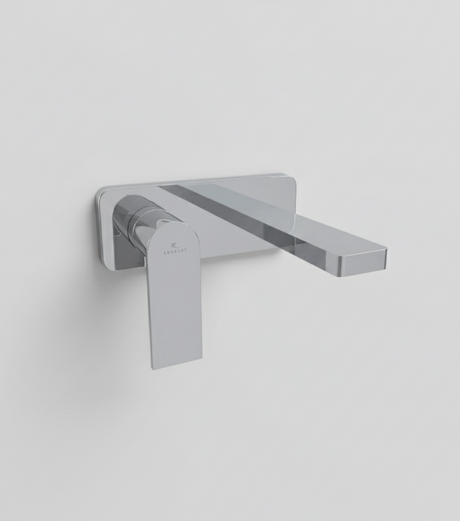 Chrome wall-mounted faucet on a white background