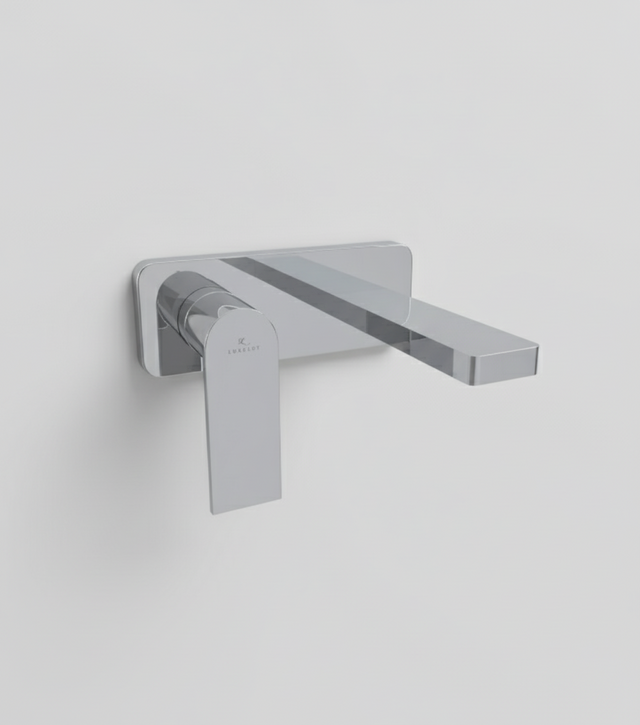 Chrome wall-mounted faucet on a white background