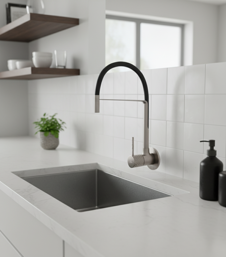 SINK COCK WALL MOUNTED WITH FLANGE FLEX SPOUT - LUXELET -  ( BLACK GRAPHITE - SMART SELECT - 0x15 mm - 0inchX0.5inch )