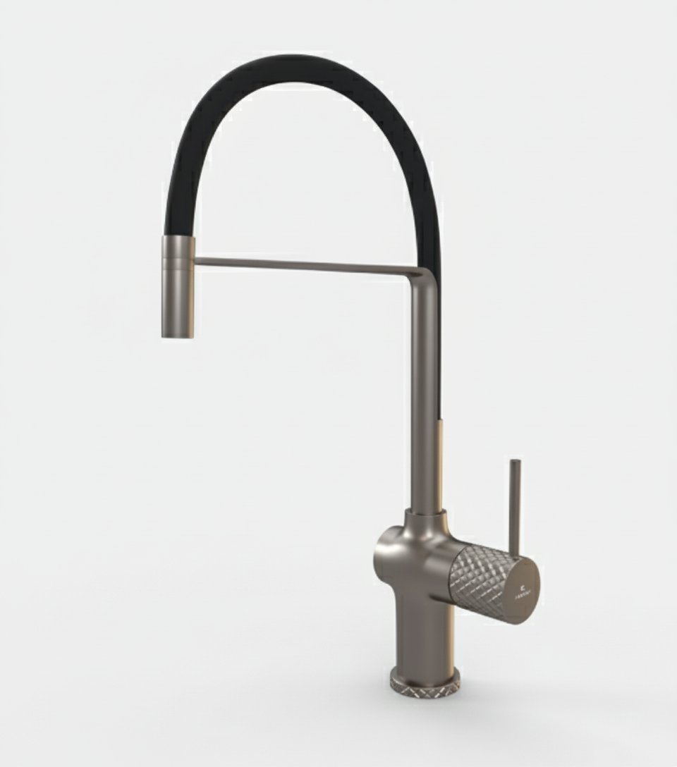 SWAN NECK TABLE MOUNTED SINK COCK WITH FLEX SPOUT - LUXELET -  ( BLACK GRAPHITE - SMART SELECT - 0x15 mm - 0inchX0.5inch )