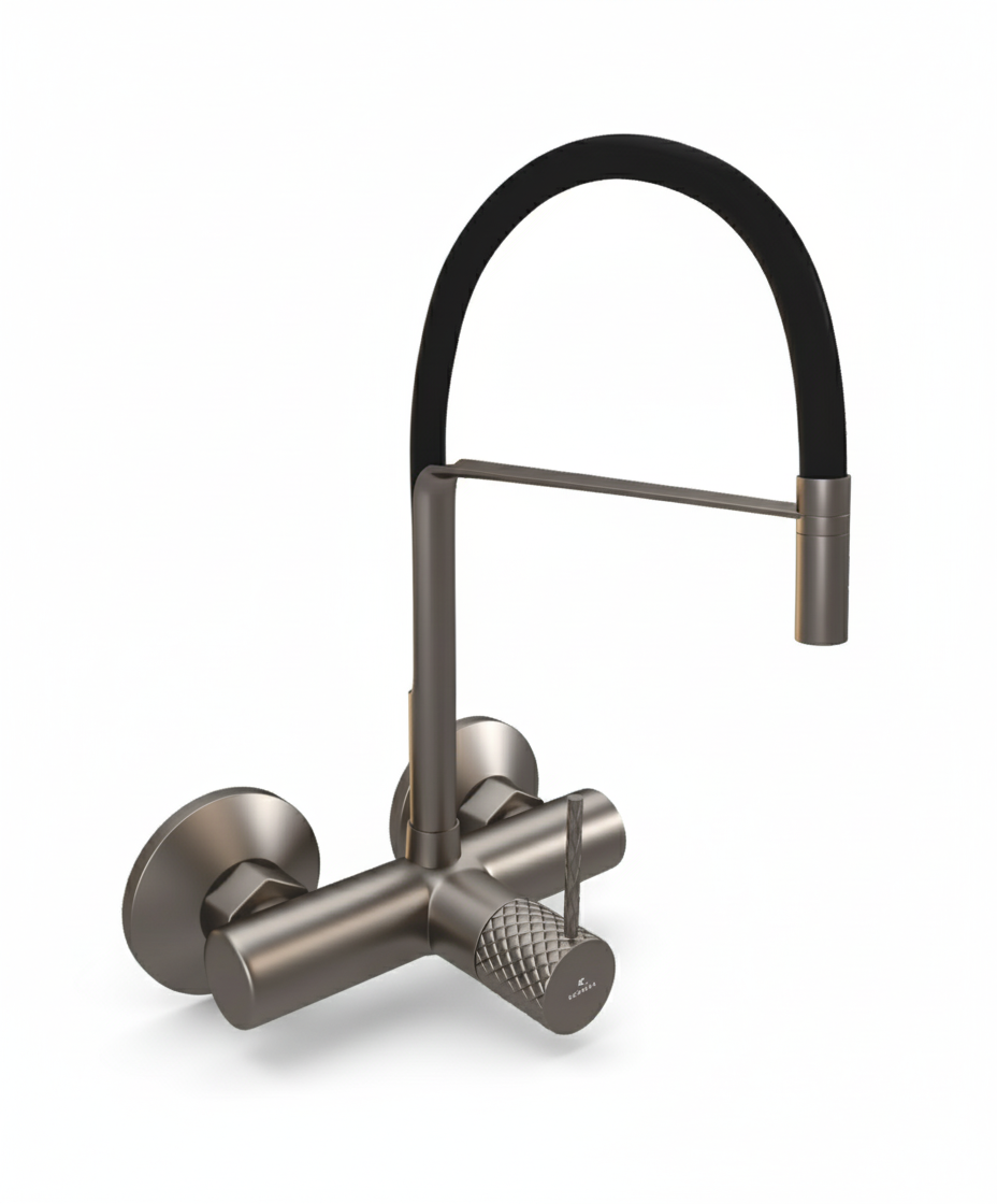 WALL MOUNTED SINGLE LEVER SINK MIXER WITH FLEX SPOUT - LUXELET -  ( BLACK GRAPHITE - SMART SELECT - 0x15 mm - 0inchX0.5inch )