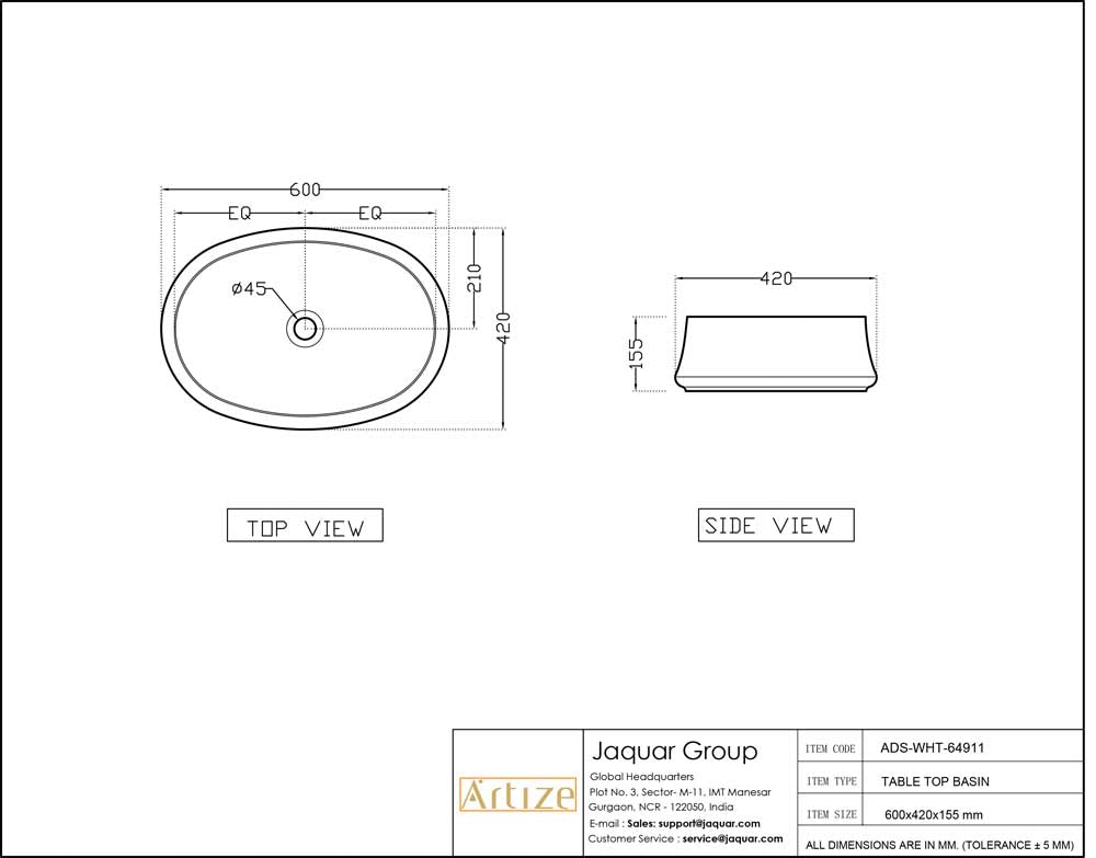 THIN RIM TABLE TOP BASIN - ARTIZE SWARE -  ( WHITE MATT - ARTIZE DESIGNER - 600x420 mm - 16.8inchX0inch )