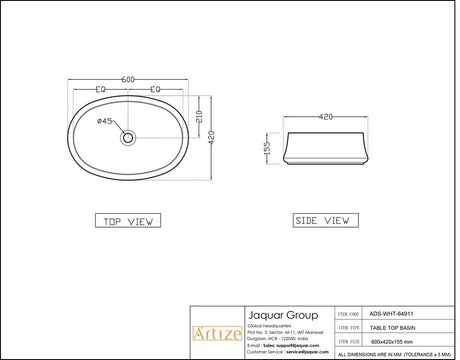 THIN RIM TABLE TOP BASIN - ARTIZE SWARE -  ( WHITE MATT - ARTIZE DESIGNER - 600x420 mm - 16.8inchX0inch )