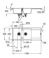 K500 SINK 80 -C 116/50 2.0 REV - GROHE-G2 -  ( GRANITE GRAY - K500 - 0x0 mm - 0inchX0inch )
