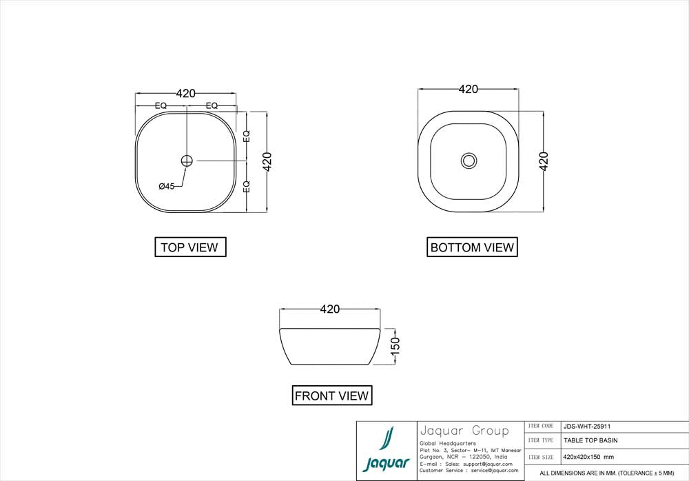 TABLE TOP BASIN - JAQUAR SWARE - ( WHITE MATT - JDR - 400x400 mm - 16inchX16inch )
