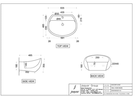 WALL HUNG WASH BASIN W/FIXING KIT - JAQUAR SWARE - ( WHITE - ARC - 650x475 mm - 26inchX19inch )