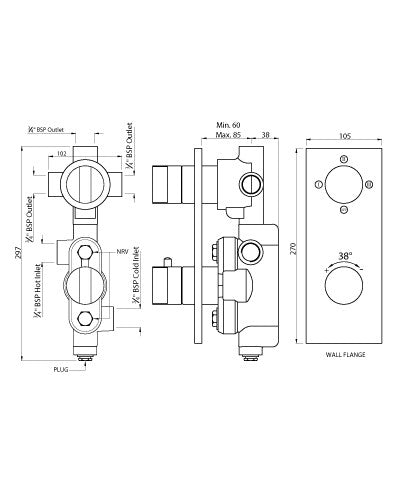 CONC. THERMOSTAT W/CONTROL UNIT FR 3-OULETS&INTEGRATED SHUT-OFF VALVE - ARTIZE FAUCET -  ( GRAPHITE - THERMATIK-R - 0x20 mm - 0.8inchX0inch )