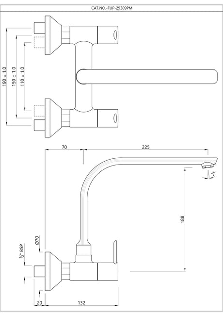 SINK MIXER WITH REGULAR SWINGING SPOUT (WALL MOUNTED)WITH CONNECTING LEGS & WALL FLANGES - JAQUAR FAUCET - ( BLACK MATT - FUSION PRIME - 0x15 mm - 0inchX0.5inch )