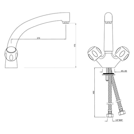 TABLE MOUNTED SINK MIXER WITH EXTENDED SPOUT & 450MM LONG BRAIDED HOSES - JAQUAR FAUCETS - ( CHROME - CLARION - 0x15 mm - 0inchX0.5inch )