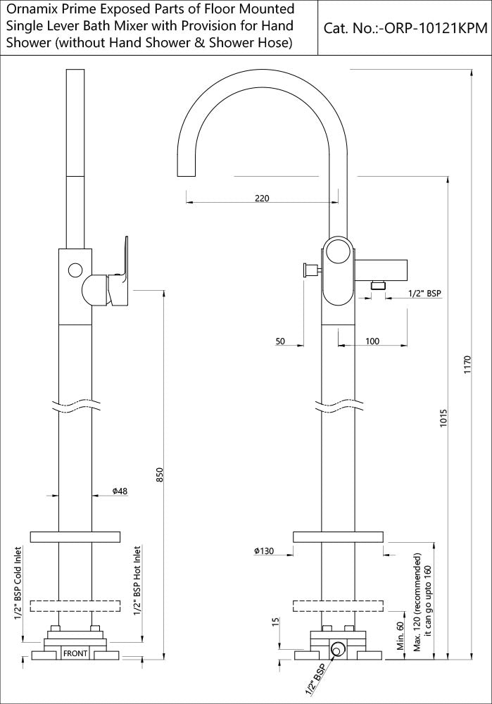 EXPOSED PARTS OF FLOOR MOUNTED SINGLE LEVER BATH MIXER WITH PROVISION FOR HAND SHOWER (COMPATIBLE WITH ALD-121)- JAQUAR FAUCETS -  ( BLACK MATT - ORNAMIX PRIME - 0x15 mm - 0inchX0.5inch )