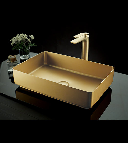 TABLE MOUNTED WASH BASIN W/POP-UP WASTE COUPLING - AQUANT -  ( BRUSHED GOLD - SS 304 - 550x350x125 mm - 22inchX14inchX5inch )