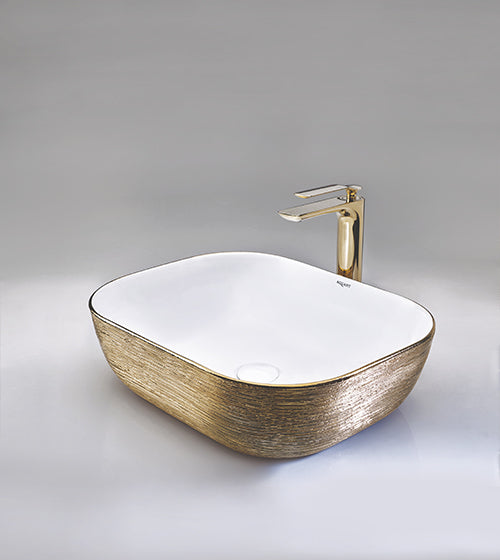 WASH BASIN TABLE MOUNTED RECT. - AQUANT - ( GOLD+WHITE - - 500x400 mm - 20inchX16inch )