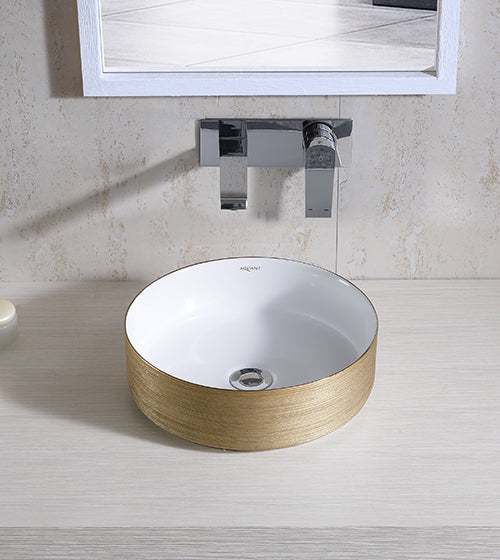 WASH BASIN TABLE MOUNTED ROUND - AQUANT -  ( GOLD+WHITE -  - 355x355 mm - 14inchX14inch )