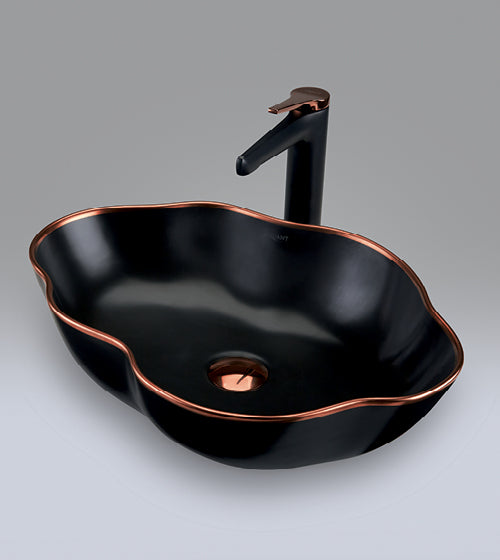 WASH BASIN MATT WHITE W/DOUBLE RGTRIM - AQUANT -  ( ROSE GOLD+MATT BLACK -  - 500x380 mm - 20inchX15.2inch )
