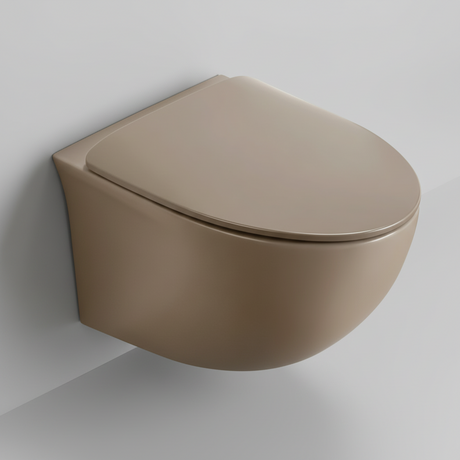 RIMLESS WALL HUNG WC WITH UF SOFT CLOSE SLIM SEAT COVER, HINGES, ACCESSORIES SET ( BOLT DISTANCE 7INCH) - LUXELET -  ( ALMOND BEIGE - SPECTRE COLLECTION - 520x370x360 mm - 20.8inchX14.8inchX14.4inch )