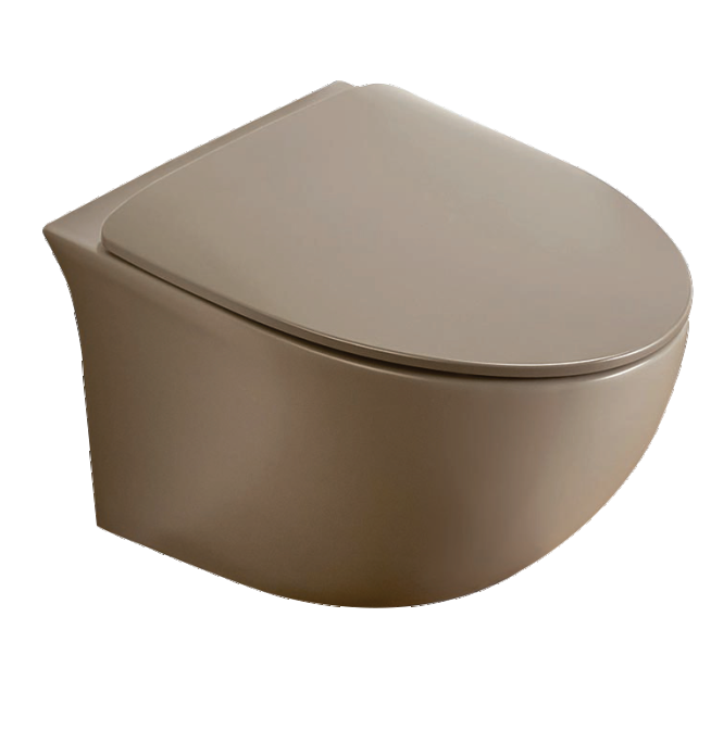 RIMLESS WALL HUNG WC WITH UF SOFT CLOSE SLIM SEAT COVER, HINGES, ACCESSORIES SET ( BOLT DISTANCE 7INCH) - LUXELET -  ( ALMOND BEIGE - SPECTRE COLLECTION - 520x370x360 mm - 20.8inchX14.8inchX14.4inch )