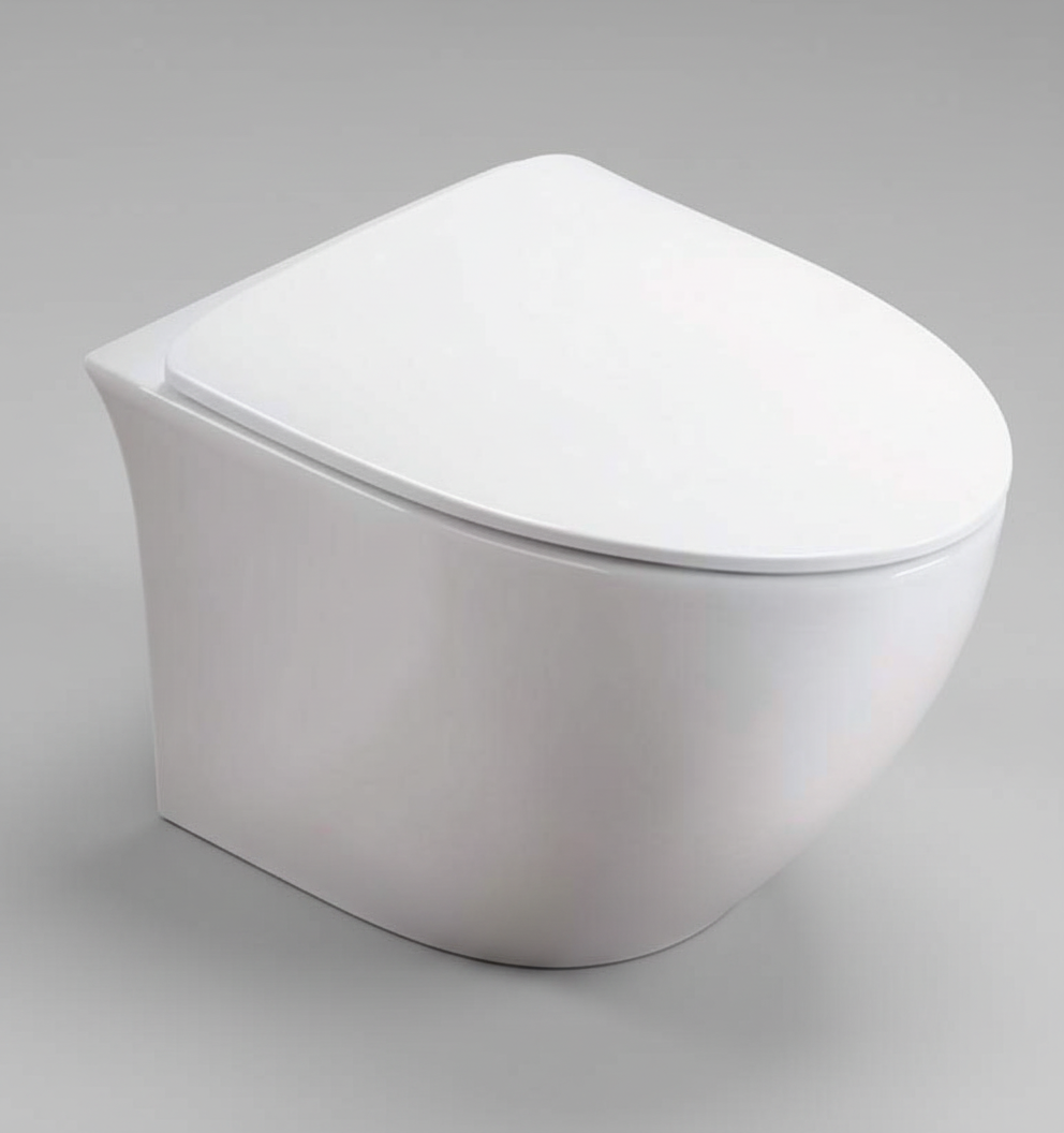 RIMLESS WALL HUNG WC WITH UF SOFT CLOSE SLIM SEAT COVER, HINGES, ACCESSORIES SET ( BOLT DISTANCE 7INCH) - LUXELET -  ( WHITE - SPECTRE COLLECTION - 520x370x360 mm - 20.8inchX14.8inchX14.4inch )