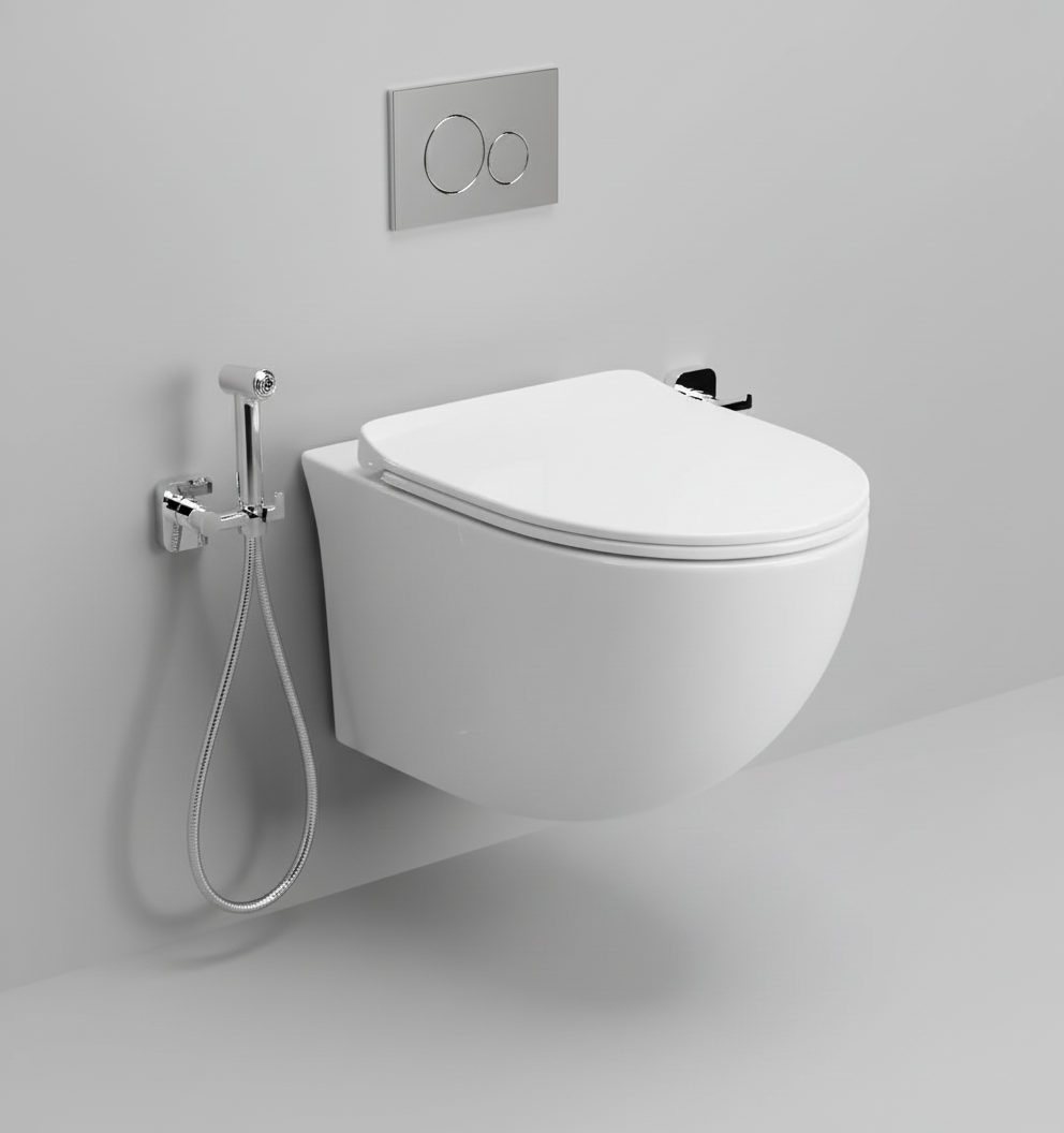 RIMLESS WALL HUNG WC WITH UF SOFT CLOSE SLIM SEAT COVER, HINGES, ACCESSORIES SET ( BOLT DISTANCE 7INCH) - LUXELET -  ( WHITE - SPECTRE COLLECTION - 520x370x360 mm - 20.8inchX14.8inchX14.4inch )