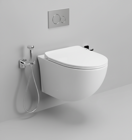 RIMLESS WALL HUNG WC WITH UF SOFT CLOSE SLIM SEAT COVER, HINGES, ACCESSORIES SET ( BOLT DISTANCE 7INCH) - LUXELET -  ( WHITE - SPECTRE COLLECTION - 520x370x360 mm - 20.8inchX14.8inchX14.4inch )