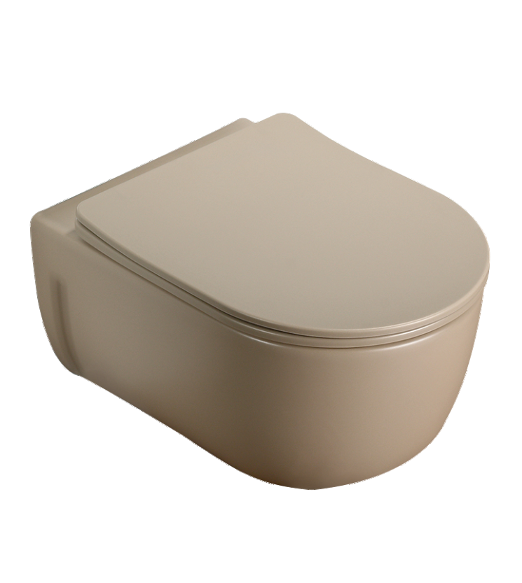 RIMLESS WALL HUNG WC WITH UF SOFT CLOSE SLIM SEAT COVER, HINGES, ACCESSORIES SET ( BOLT DISTANCE 7INCH) - LUXELET -  ( ALMOND BEIGE - ORRA COLLECTION - 490x355x320 mm - 19.6inchX14.2inchX12.8inch )